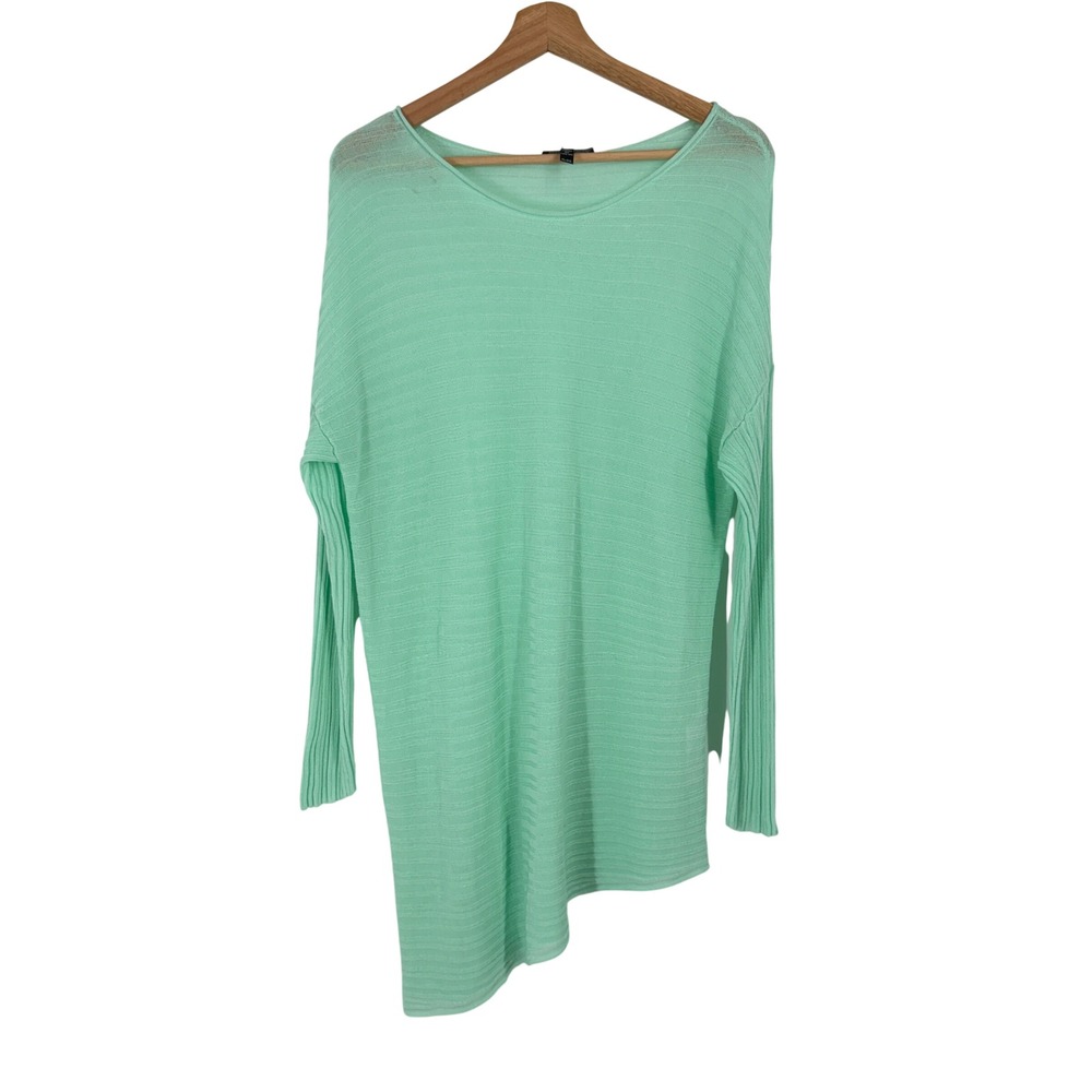 Eileen Fisher Petite Mint Green Linen Asymmetrical Hem Tunic Sweater PL